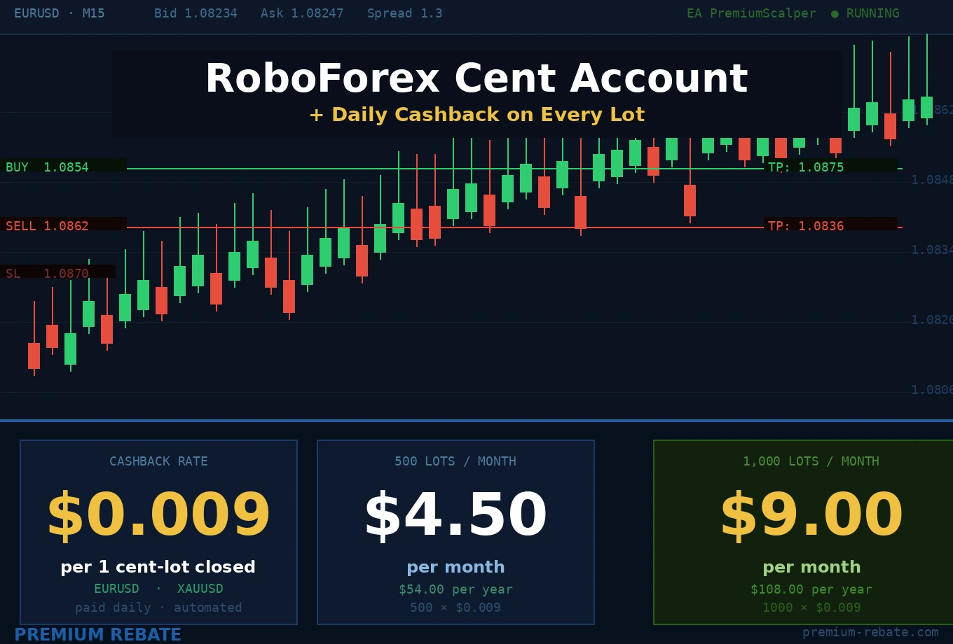 RoboForex ProCent account cashback calculation — $0.009 per cent-lot on EURUSD and XAUUSD, with daily automated rebate examples: 500 lots/month returns $4.50, 1000 lots/month returns $9.00 — Premium Rebate Group