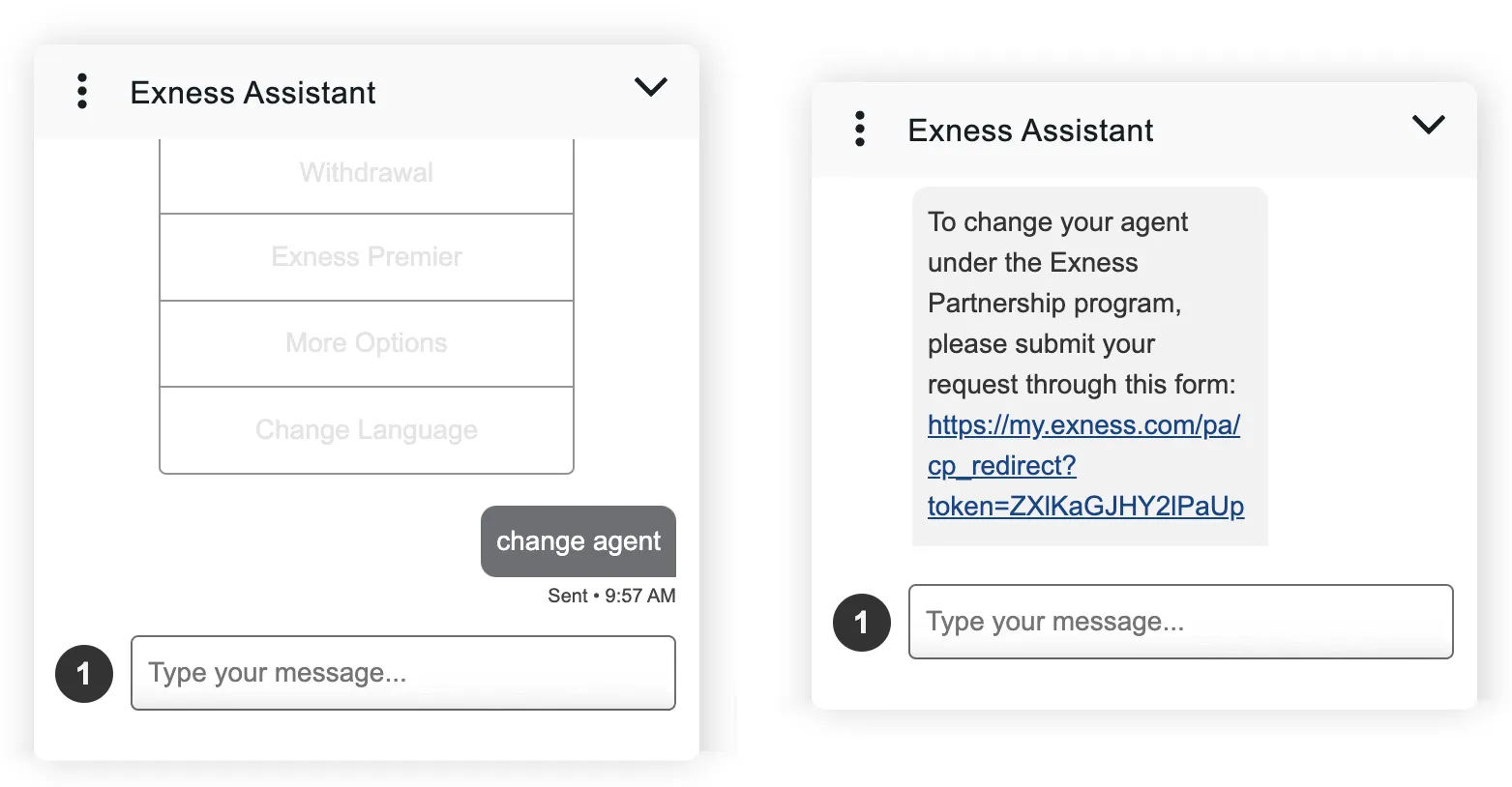 Live chat Exness: taip change agent, pembantu menghantar pautan ke borang tukar rakan kongsi