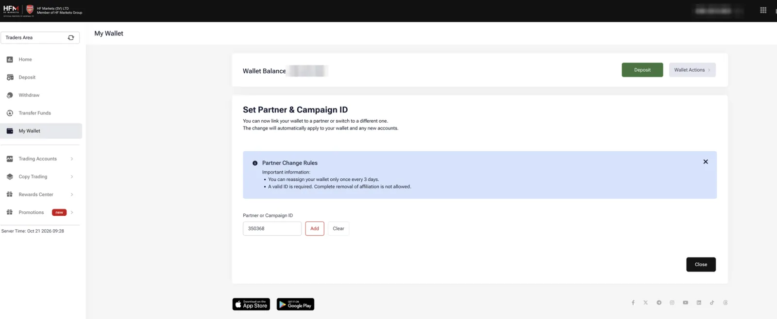 HFM Traders Area: My Wallet → Wallet Actions → Set Partner & Campaign ID, Partner or Campaign ID field with Add