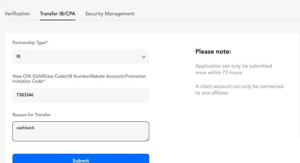 PU Prime client portal: Profile → Transfer IB/CPA, form with Partnership Type, New CPA ID / IB Number and Reason for Transfer