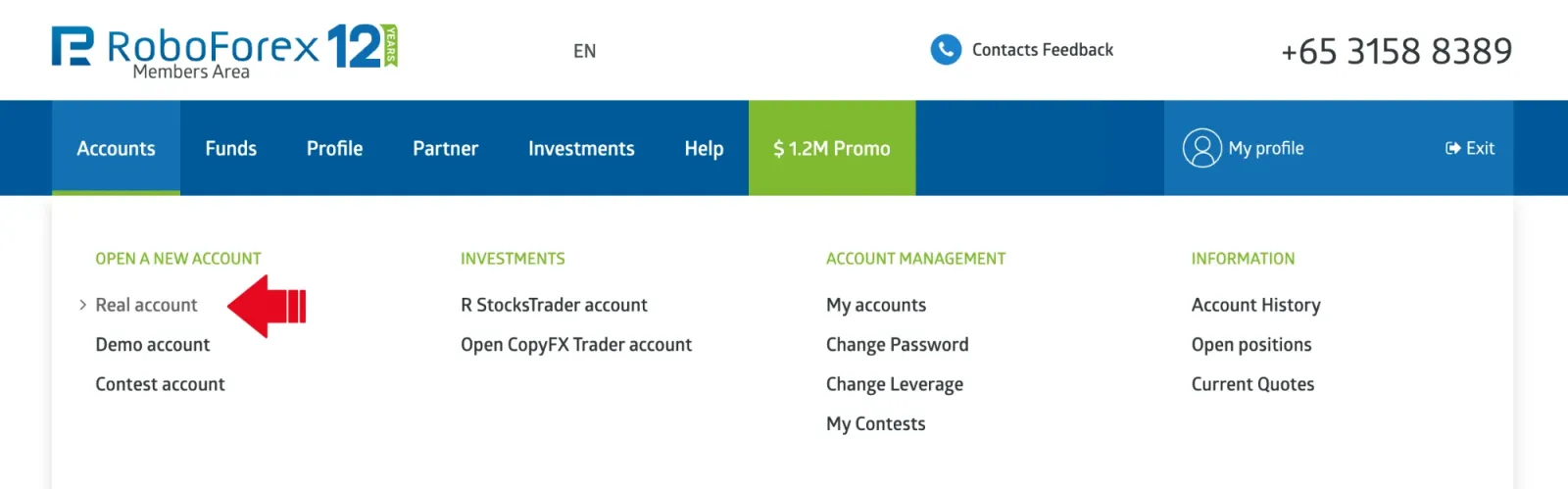 Members Area RoboForex: menu Accounts, Real account sotto Open a new account