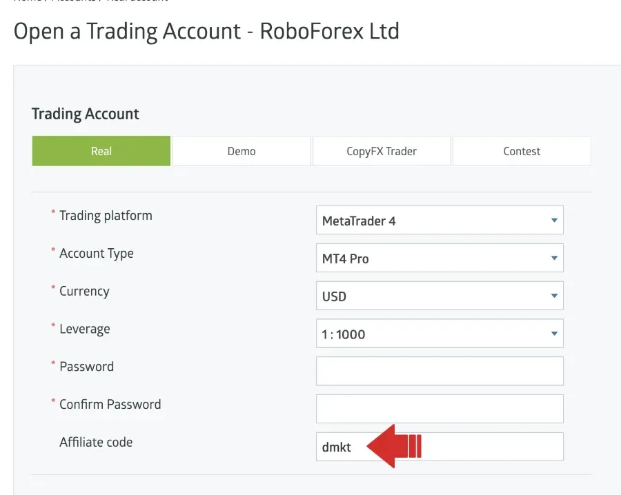 Modulo Open a Trading Account di RoboForex con dmkt nel campo Affiliate code