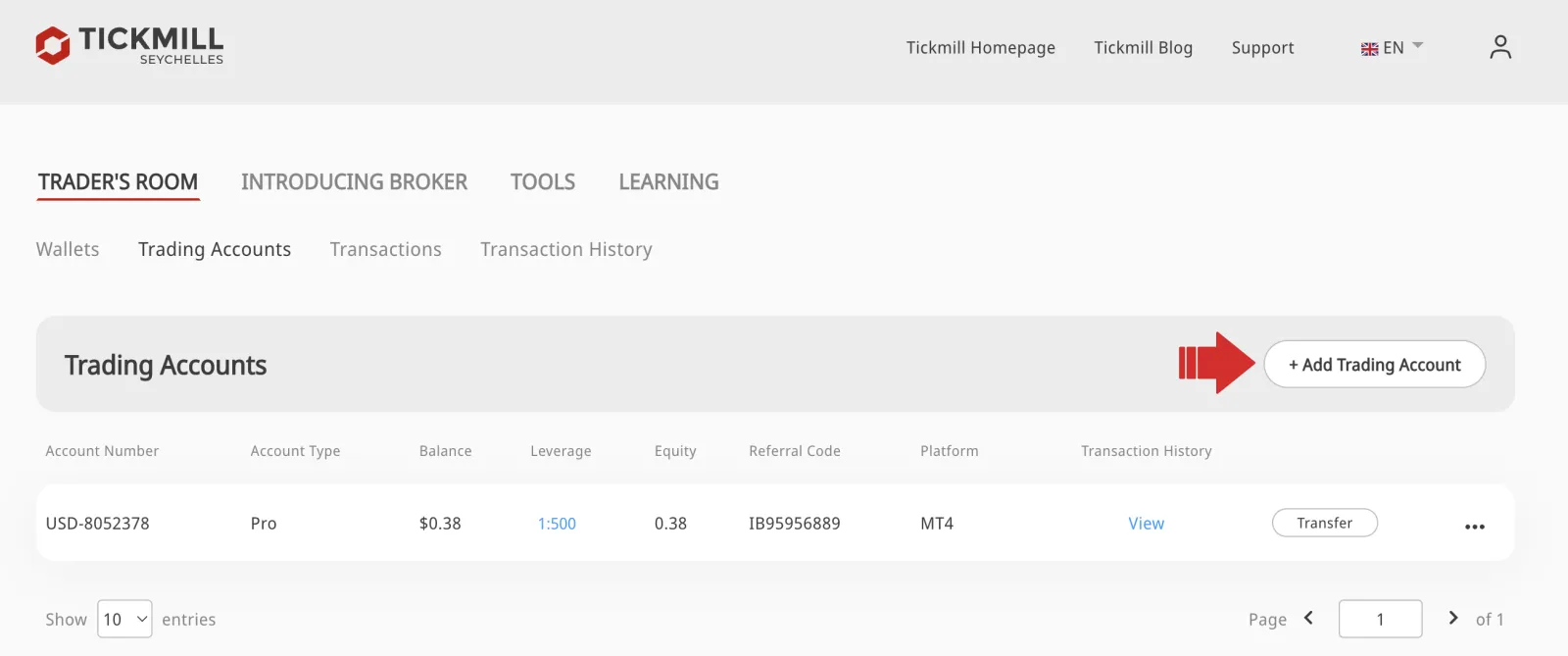 Trader’s room Tickmill: Trading Accounts, Add Trading Account