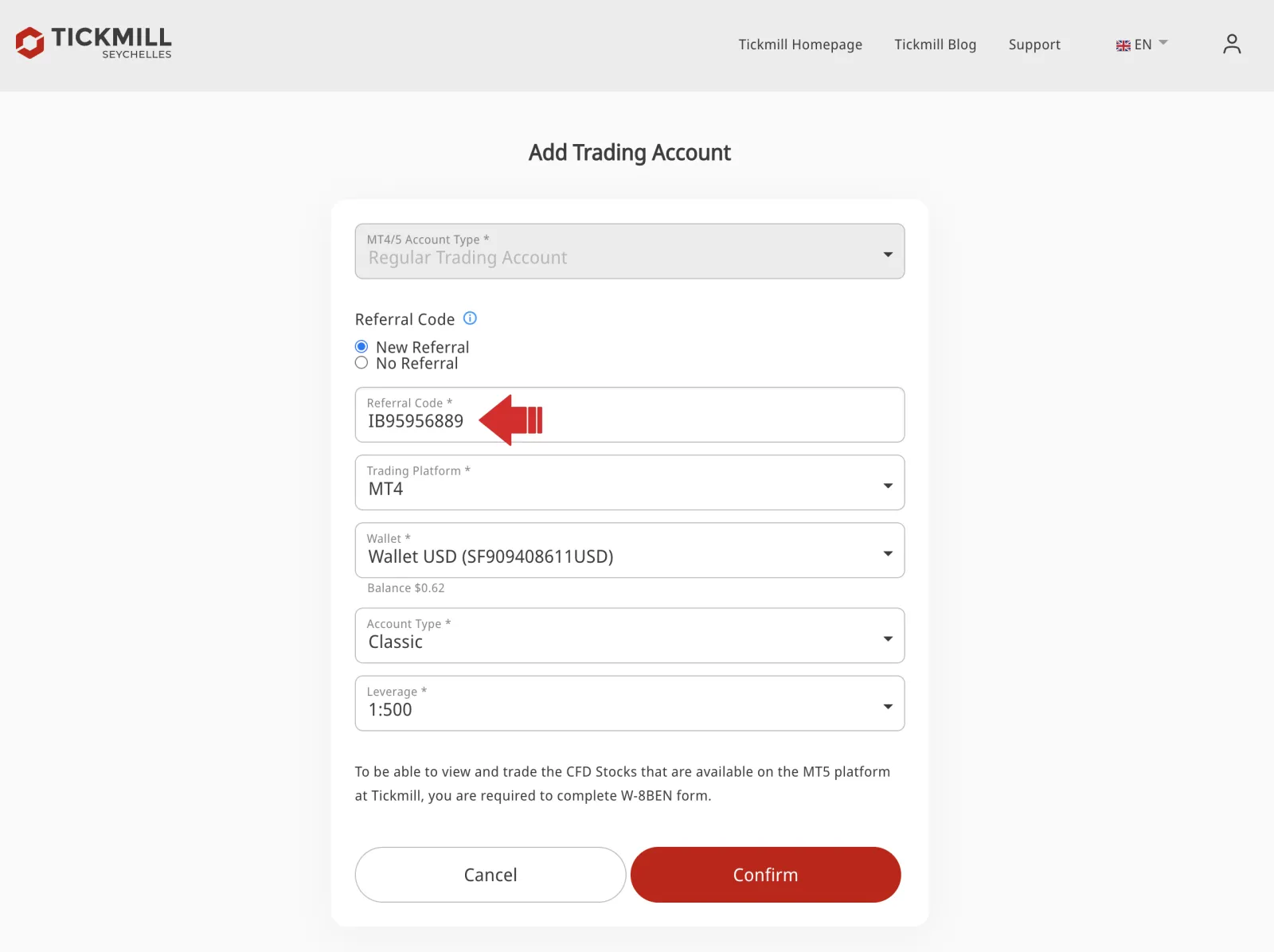 Formulir Add Trading Account Tickmill dengan Referral Code IB95956889