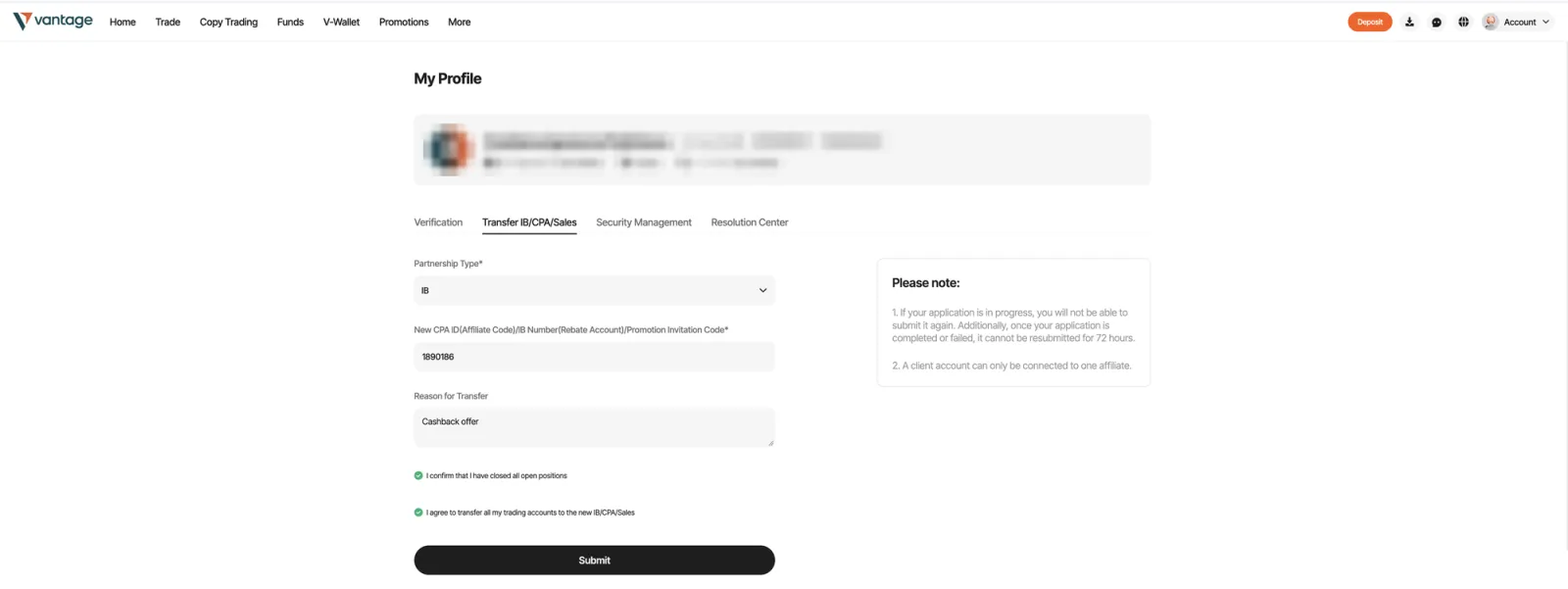 Vantage client portal: My Profile → Transfer IB/CPA/Sales, form with Partnership Type, IB number and Reason for Transfer