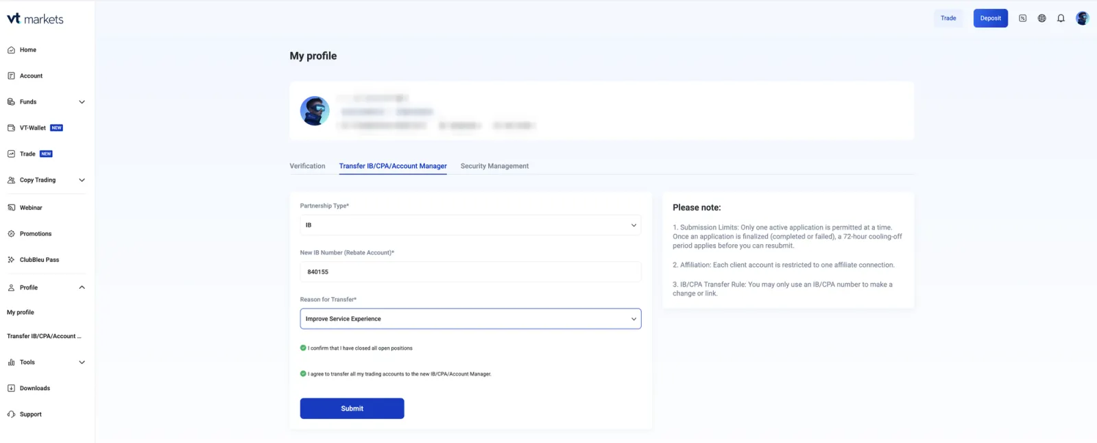 VT Markets client portal: My profile → Transfer IB/CPA/Account Manager, form with Partnership Type, New IB Number and Reason for Transfer