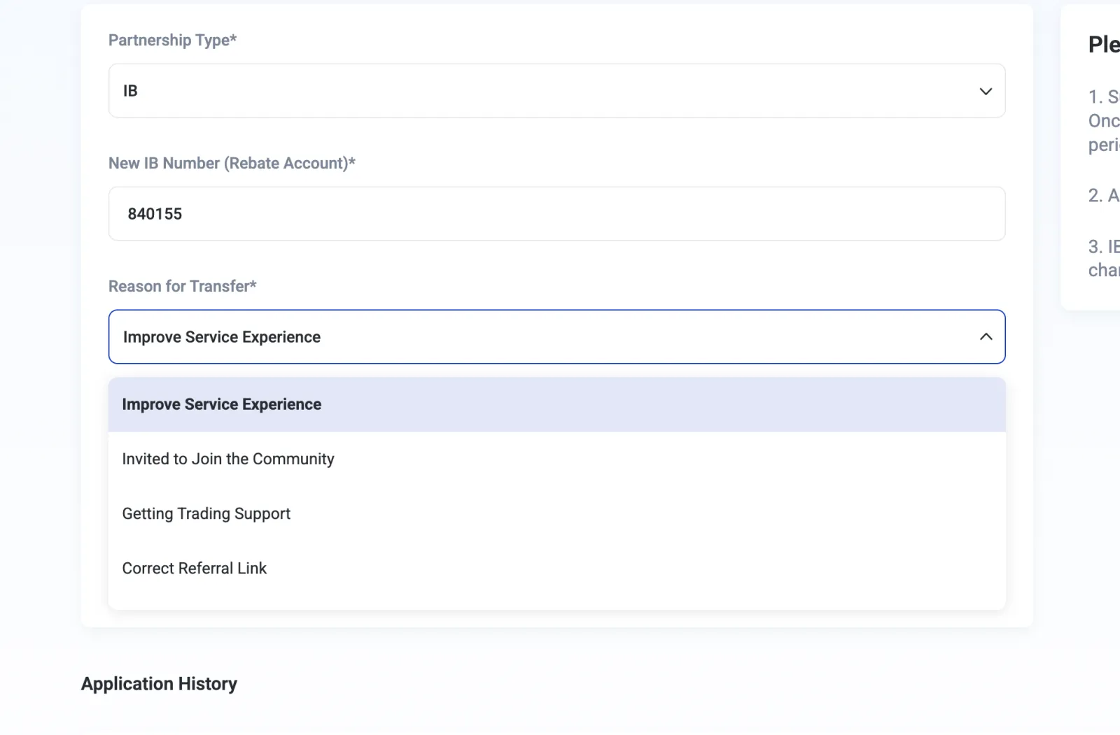 VT Markets transfer form: Reason for Transfer list with Improve Service Experience selected