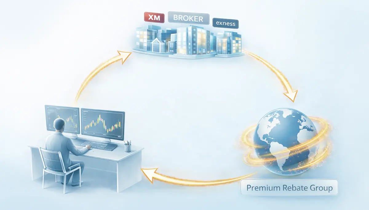 Hình minh họa cho thấy cách hoạt động của cashback forex: trader giao dịch với các broker đối tác, broker trả hoa hồng IB cho Premium Rebate Group và cashback được hoàn lại cho trader.