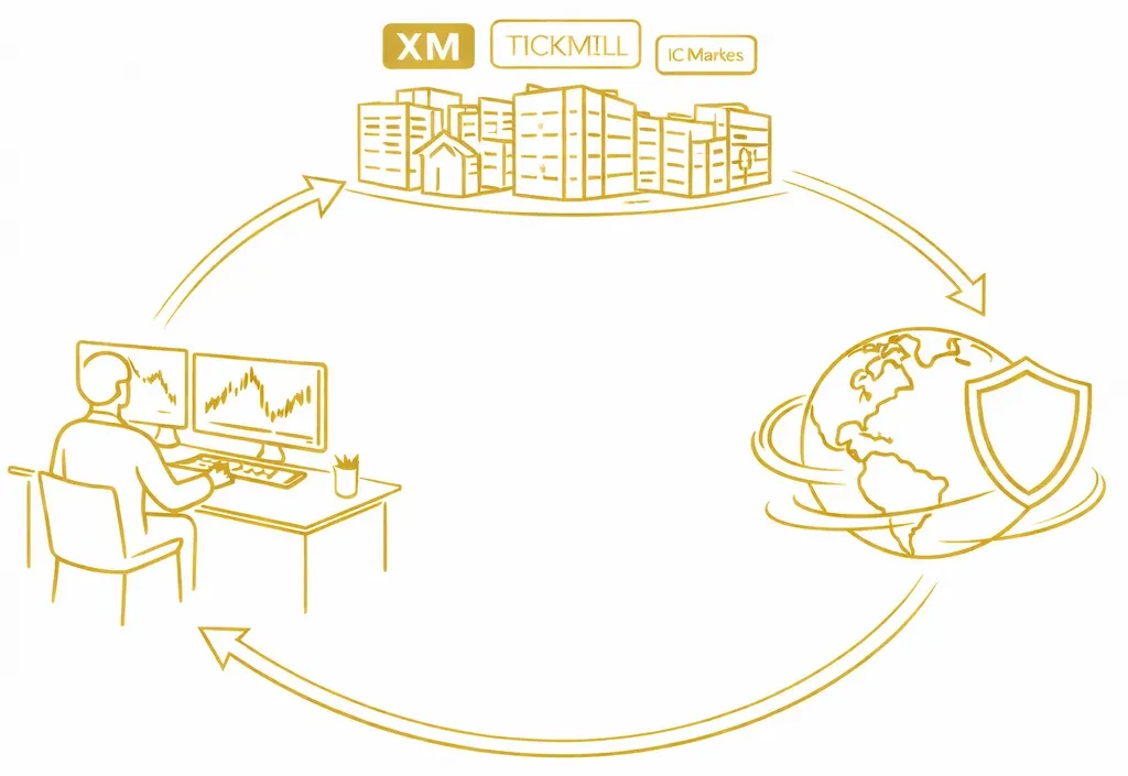 展示外汇返现运作方式的插图：交易者与合作经纪商交易，经纪商向 Premium Rebate Group 支付 IB 佣金，返现再返还给交易者。