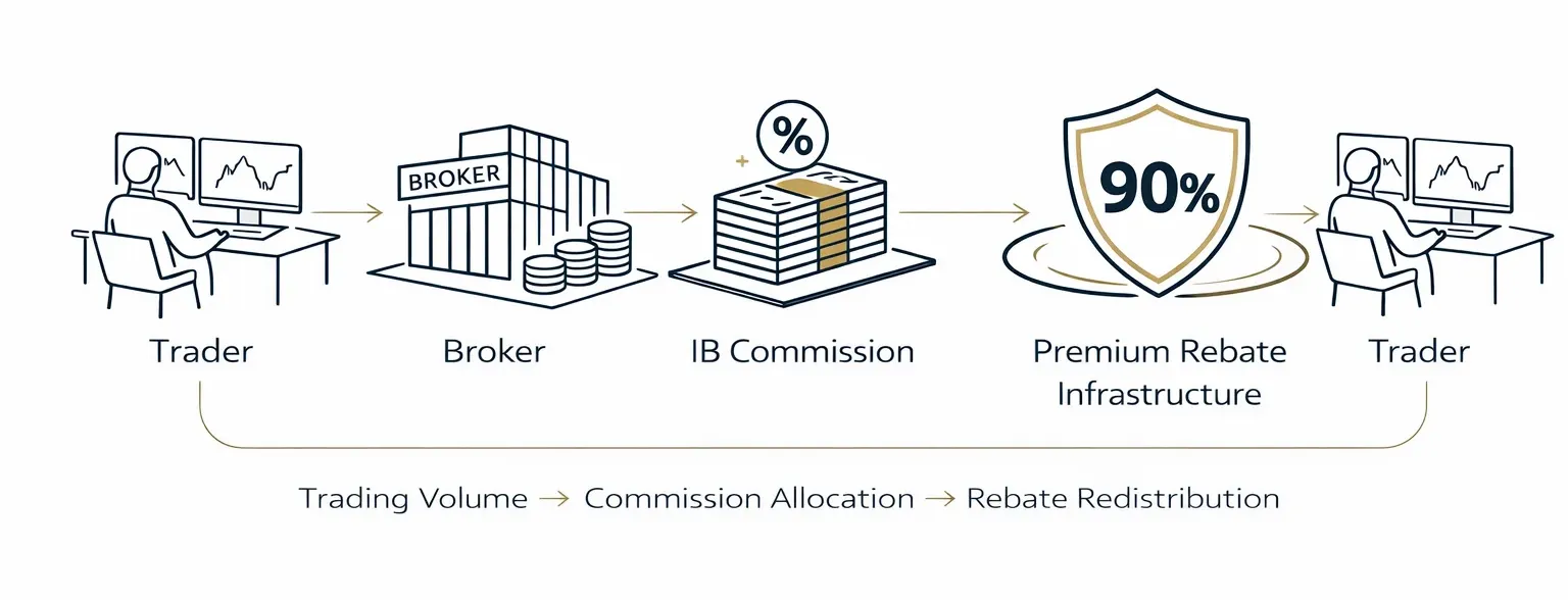 Ilustración que muestra cómo funciona el cashback forex: el trader opera con brokers asociados, el broker paga comisión IB a Premium Rebate Group y el cashback se devuelve al trader.