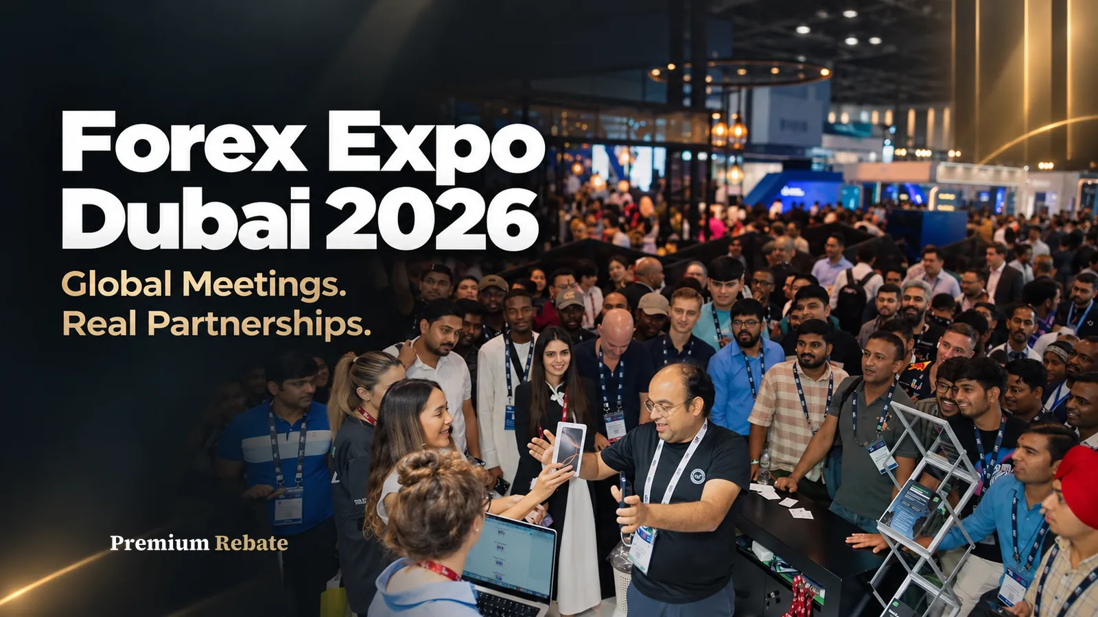 Premium Rebate Group at Dubai Forex Expo 2026 connecting with global brokers and partners at the international trading event.