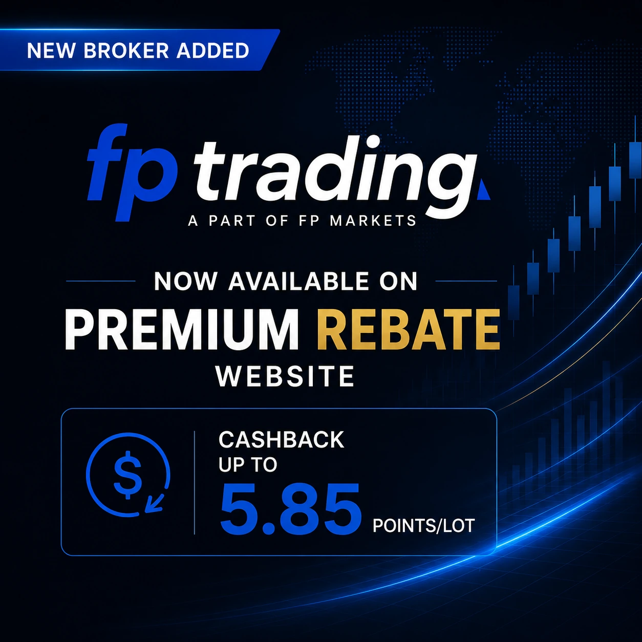 FP Trading cashback banner by Premium Rebate Group showing rebate rates up to $2.70 per lot for Forex and Metals trading.