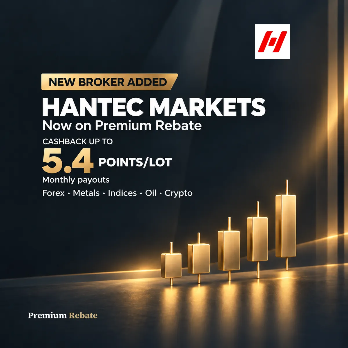 Hantec Markets cashback banner ng Premium Rebate Group na nagpapakita ng cashback rates hanggang 5.4 points kada lot para sa Forex at Metals trading.